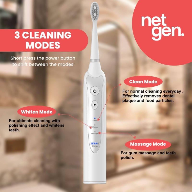 NetGen Sonic Electric Toothbrush for Adults with 5 Toothbrush Replacement Heads, 3 Brushing Modes & 2 Minutes Built-in Timer, Travel Toothbrushes with Inductive Charging, Rechargeable toothbrush | White - Image 3